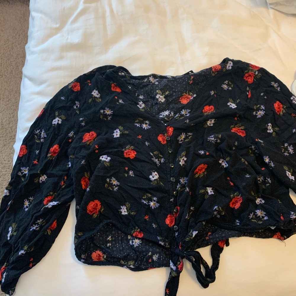 Black floral tie front top